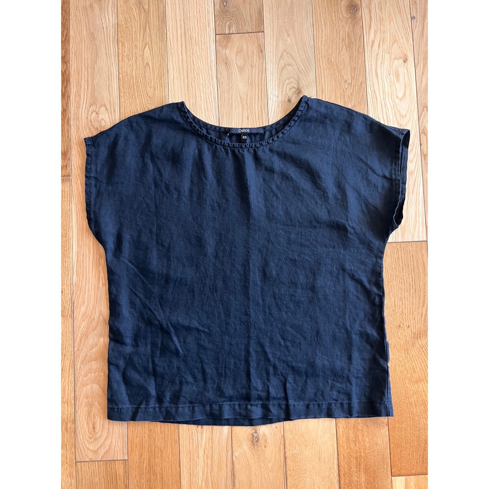 Quince 100% Linen Round Neck Black Short Sleeve Top Size XS